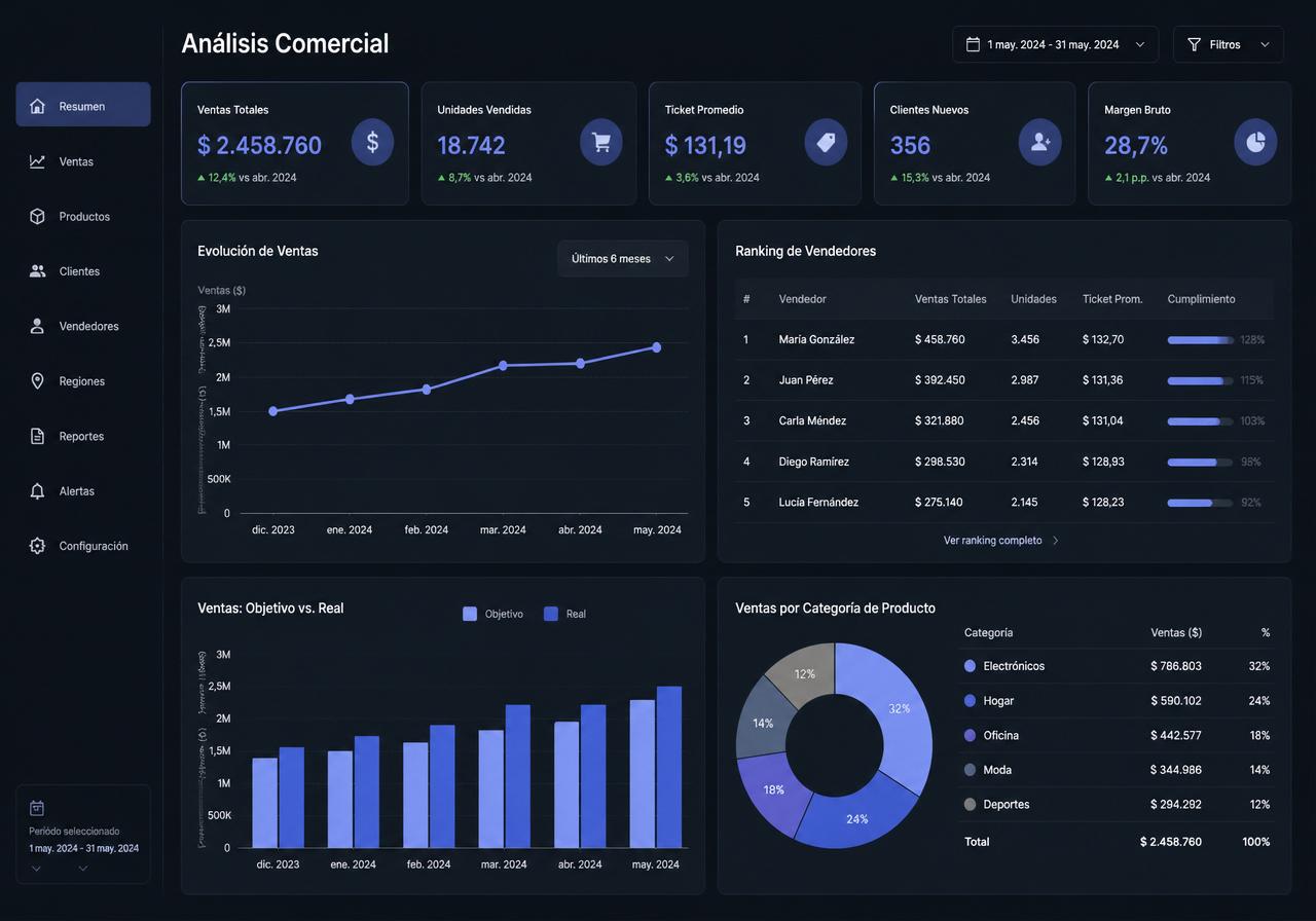 Tablero de análisis comercial desarrollado por BTN Consulting